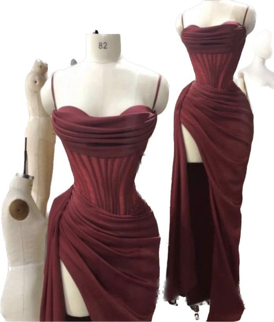 Classy Sheath Spaghetti Straps Burgundy Sleeveless Long Prom Dresses SD1448