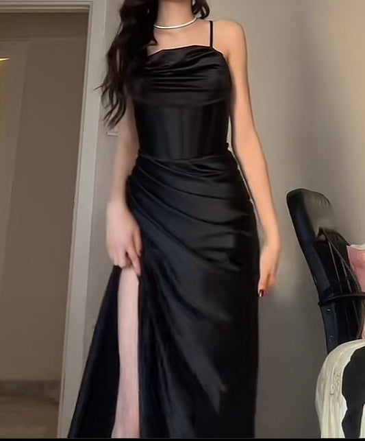 Classy Sheath Spaghetti Straps Satin Black Sleeveless Slit Prom Dresses SD1449