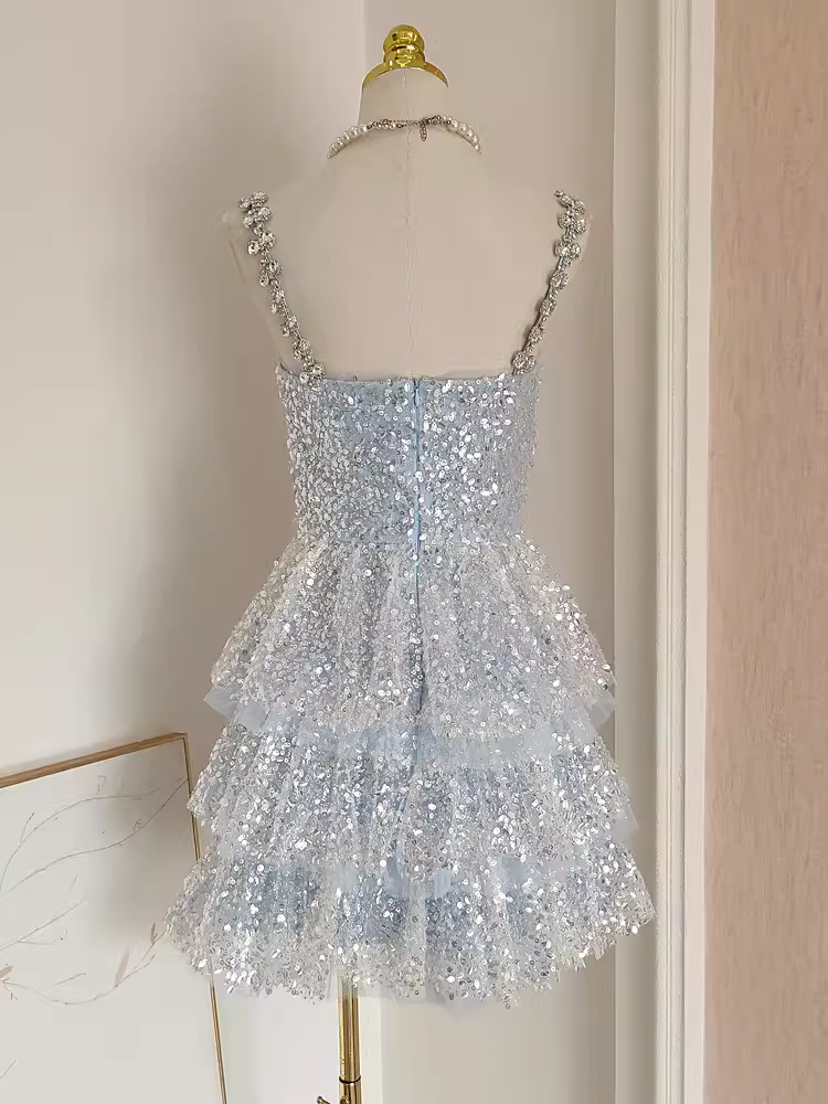 Sexy A line Straps Sequin Travel Vacation Dress Short Birthday Dress SD144