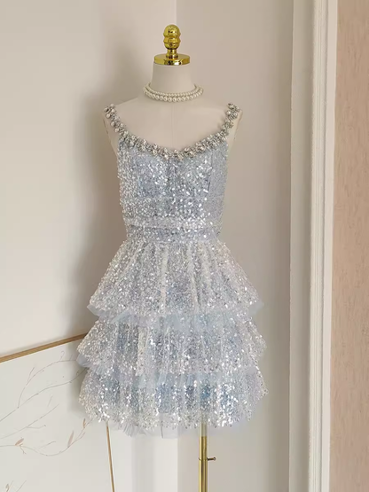 Sexy A line Straps Sequin Travel Vacation Dress Short Birthday Dress SD144