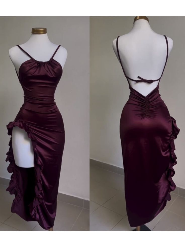 Classy Sheath Halter Satin Burgundy Sleeveless High Low Prom Dresses SD1450