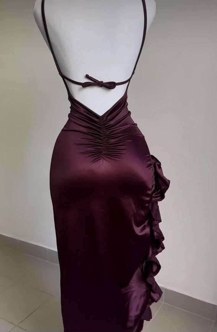 Classy Sheath Halter Satin Burgundy Sleeveless High Low Prom Dresses SD1450