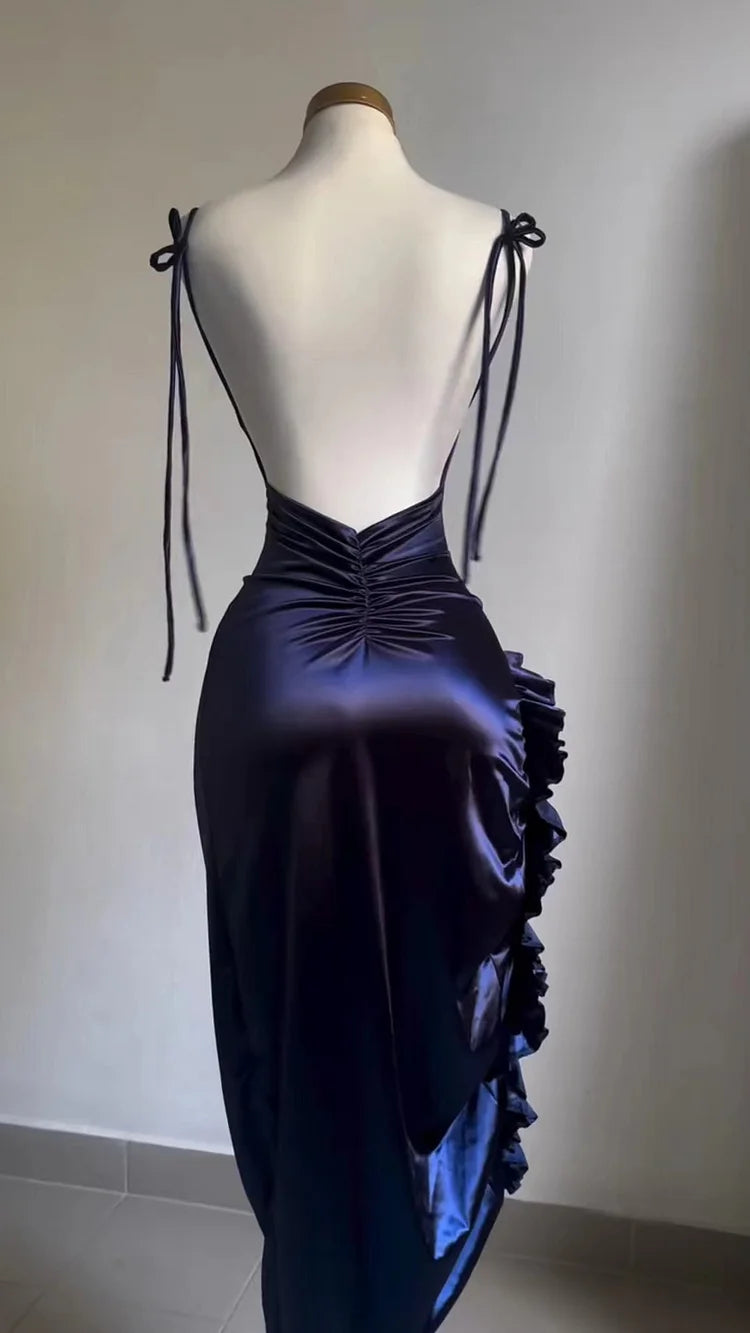 Classy Sheath Halter Satin Navy Blue Sleeveless High Low Prom Dresses SD1451