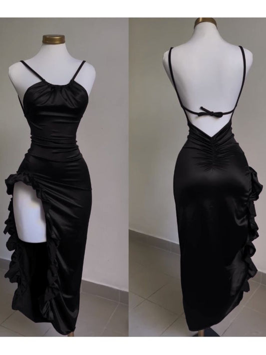 Classy Sheath Halter Satin Black Sleeveless High Low Prom Dresses SD1452