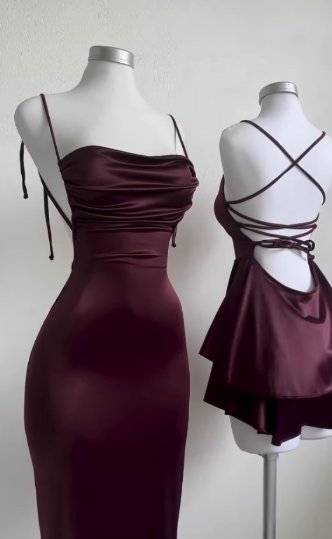 Classy Sheath Spaghetti Straps Burgundy Satin Sleeveless Long Backless Prom Dresses SD1453