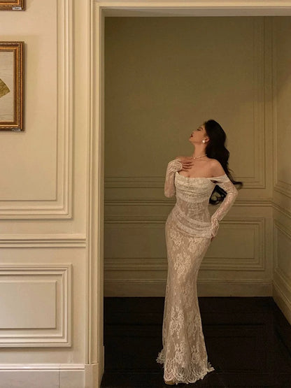 Classy Sheath Off The Shoulder White Long Sleeves Prom Dresses SD1454