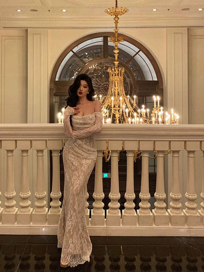 Classy Sheath Off The Shoulder White Long Sleeves Prom Dresses SD1454