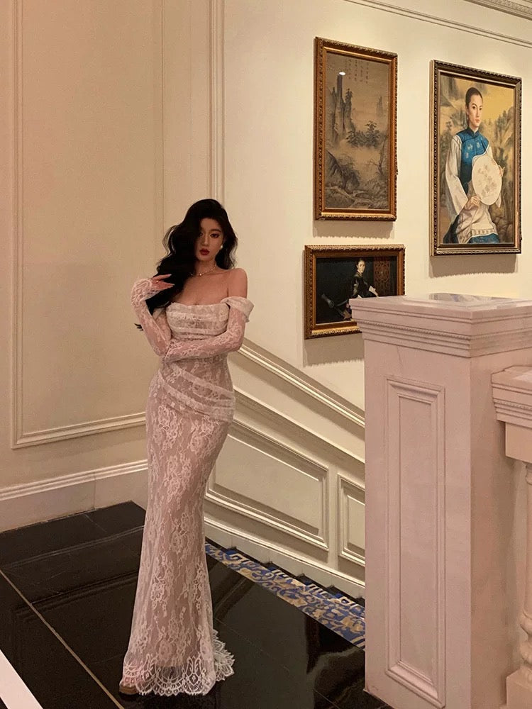 Classy Sheath Off The Shoulder White Long Sleeves Prom Dresses SD1454