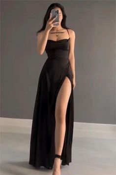 Classy A Line Spaghetti Straps Satin Black Sleeveless Slit Prom Dresses SD1455