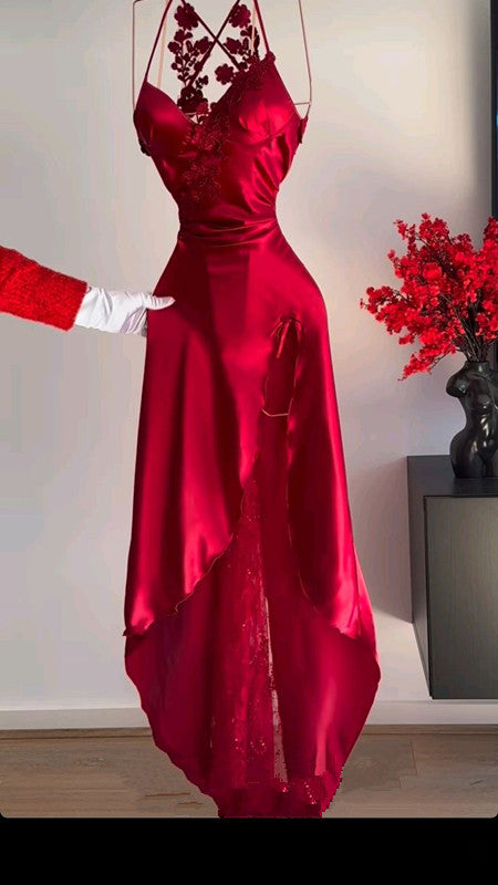 Classy A Line Halter Red Sleeveless Long Party Dress Prom Dresses SD1457