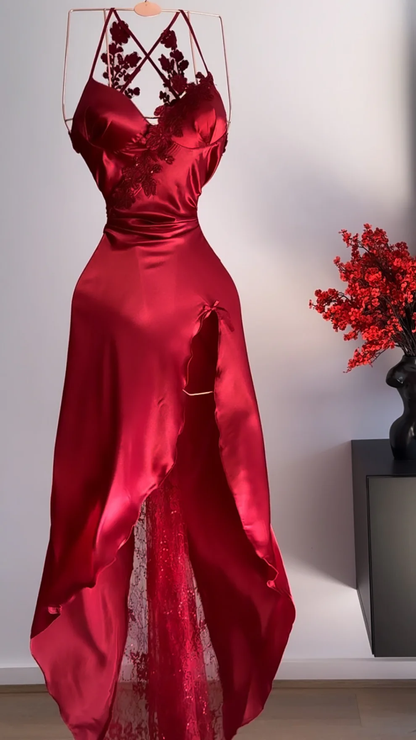 Classy A Line Halter Red Sleeveless Long Party Dress Prom Dresses SD1457