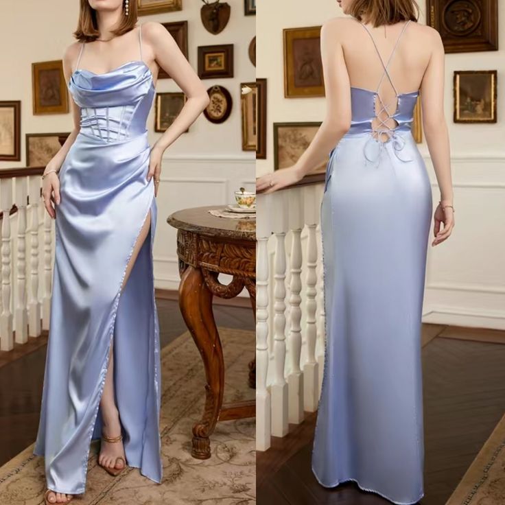 Classy A Line Halter Blue Sleeveless Long Party Dress Prom Dresses SD1458