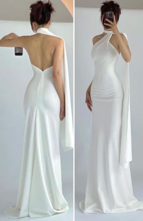 Fairytale Mermaid High Neckline White Long Satin Wedding Dresses With Cape C817