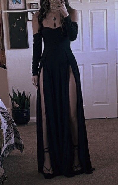 Classy A line Off The Shoulder Black Long Party Dress Slit Prom Dresses SD1463