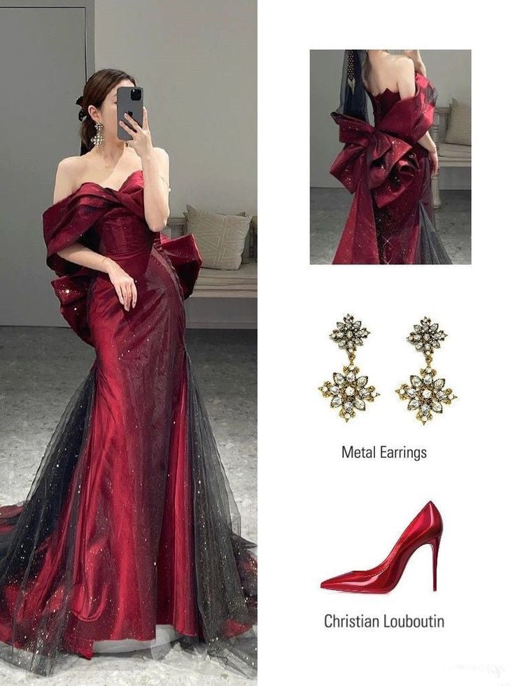 Classy Mermaid Off The Shoulder Burgundy Long Party Dress Sequin Prom Dresses SD1464