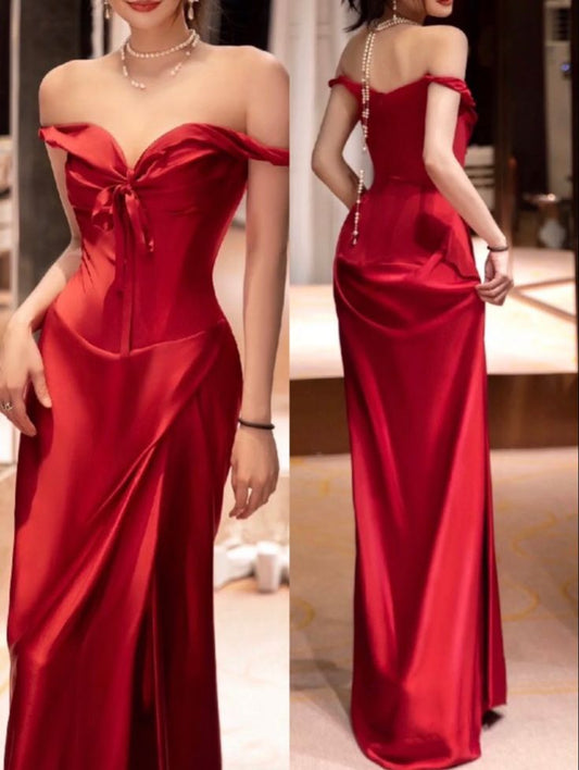 Simple Mermaid Off The Shoulder Red Party Dress Long Prom Dresses SD1466