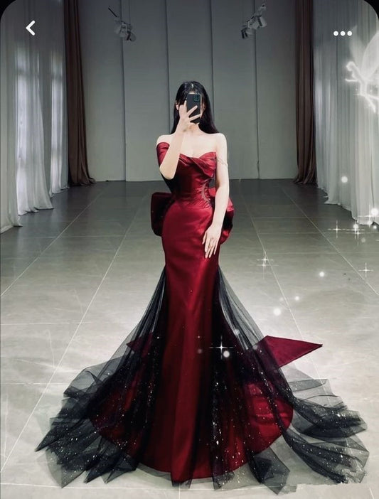 Classy Mermaid Off The Shoulder Burgundy Long Party Dress Satin Prom Dresses SD1467