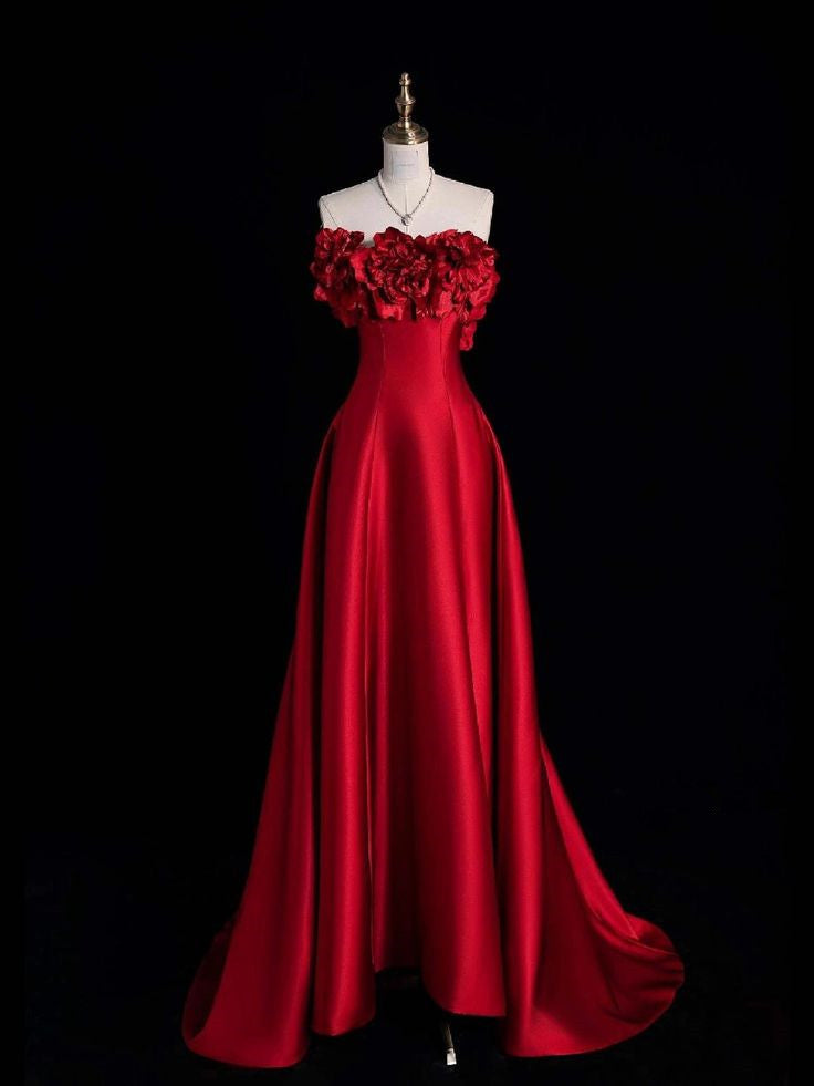 Simple A Line Strapless Satin Red Party Dress Long Prom Dresses SD1468