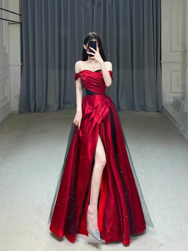 Simple A Line Off The Shoulder Red Slit Party Dress Long Prom Dresses SD1469