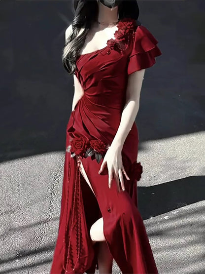 Retro Mermaid One Shoulder Black Satin Party Dress Long Prom Dresses SD1471