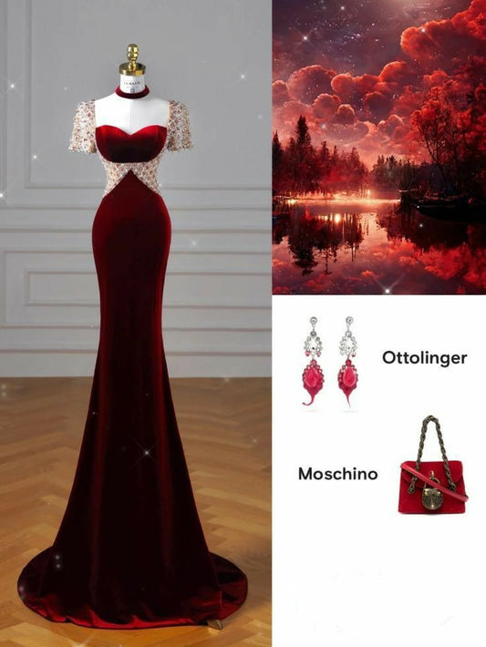 Pretty Sheath Square Neckline Burgundy Long Evening Gown Prom Dresses SD1478