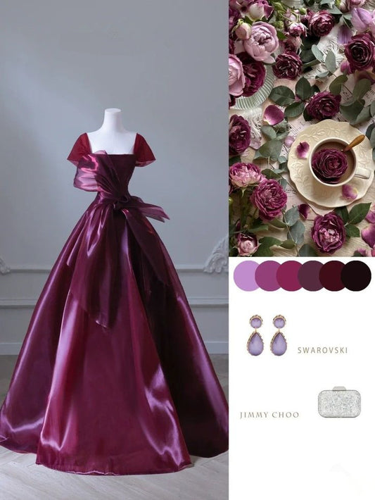 Pretty Ball Gown Square Neckline Organza Burgundy Long Evening Gown Prom Dresses SD1479