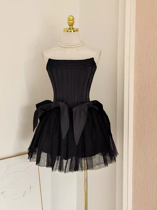 Cute A line Strapless Black Travel Vacation Dresses Short Satin Birthday Dress SD147