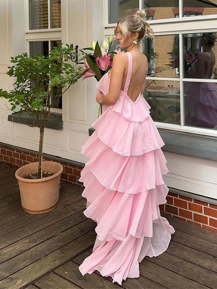 Simple A line Halter Chiffon floor-length pink prom dresses SD1480