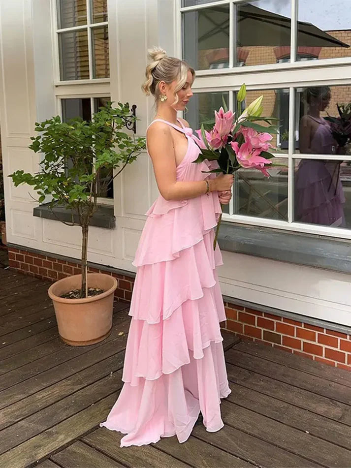 Simple A line Halter Chiffon floor-length pink prom dresses SD1480