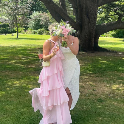 Simple A line Halter Chiffon floor-length pink prom dresses SD1480