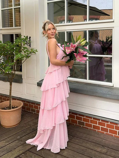 Simple A line Halter Chiffon floor-length pink prom dresses SD1480