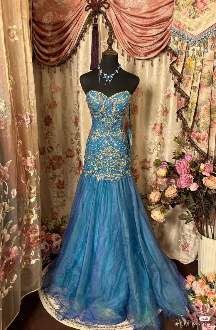 Sexy Mermaid Sweetheart Blue Long Evening Dress Beads Prom Dresses SD1487