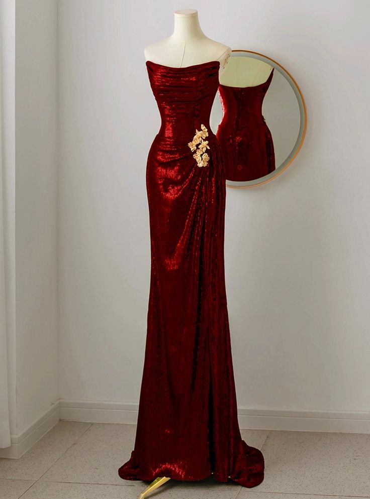 Mermaid Burgundy Sequins Strapless Pleats Prom Dress SD1488