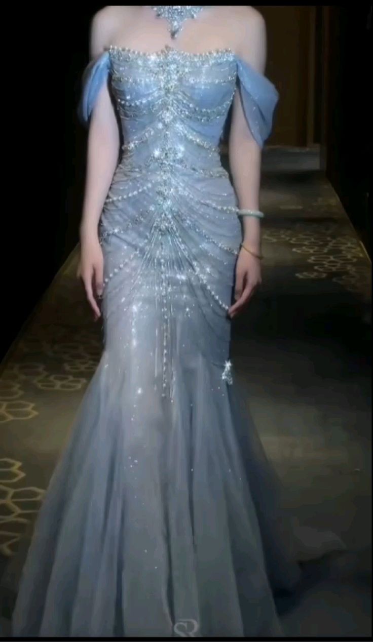 Glamorous Off The Shoulder Sky Blue Tulle Sequin Beaded Mermaid Long Party Dress Prom Dresses SP1273 main image 1