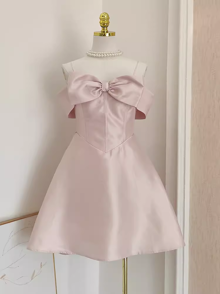 Cute A line Straps Pink Travel Vacation Dresses Short Satin Birthday Dress SD149