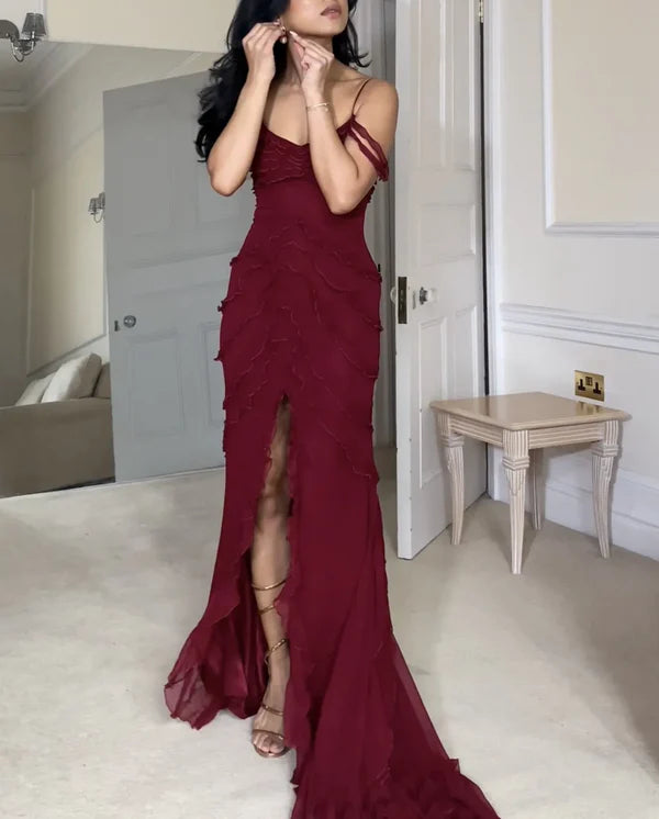 Pretty Mermaid Off The Shoulder Burgundy Slit Long Prom Dresses Formal Evening Dress SD1501