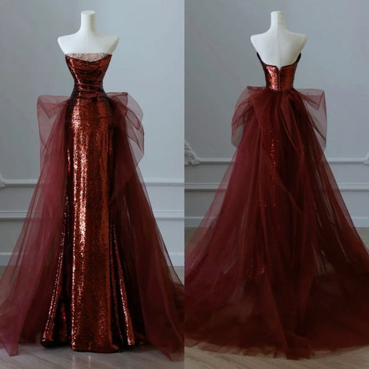 Retro Sheath Strapless Sequin Burgundy Long Party Dress Prom Dresses SD1502