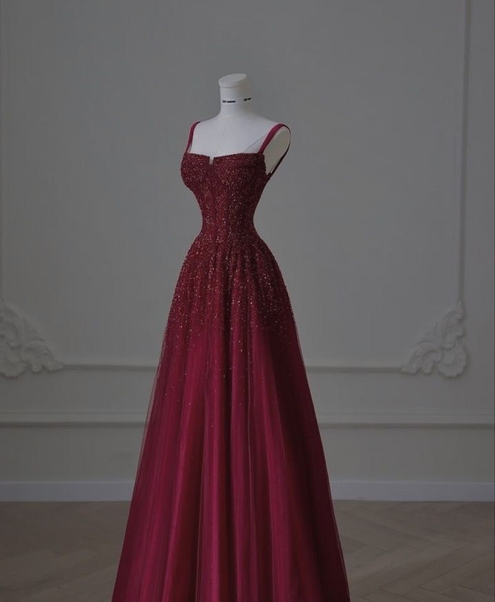 Retro A line Straps Sequin Burgundy Long Party Dress Prom Dresses SD1503