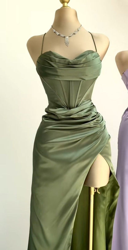 Sexy Mermaid Spaghetti Straps Olive Green Long Evening Dress Backless Prom Dresses SD1505