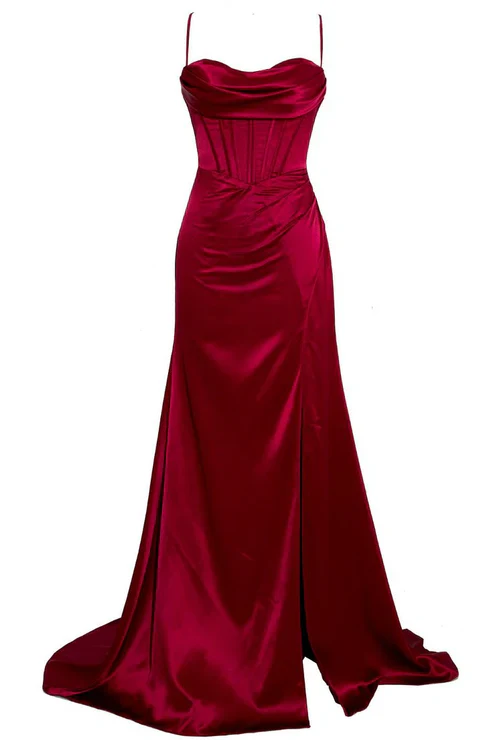 Classy Sheath Spaghetti Straps Red Satin Sleeveless Long Backless Prom Dresses SD1447