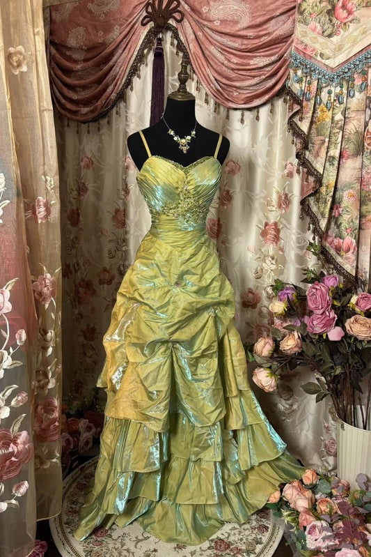 Retro Ball Gown Straps Satin Sage Green Long Party Dress Prom Dresses SD1506