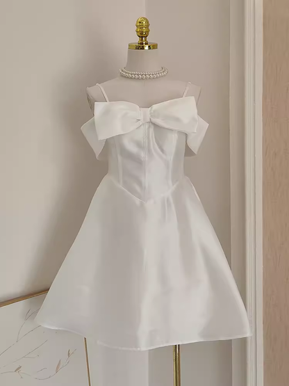 Cute A line Straps White Travel Vacation Dresses Short Satin Birthday Dress SD150