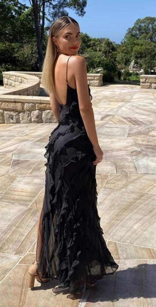 Sexy Mermaid Straps Chiffon Black Backless Prom Dresses SD1510