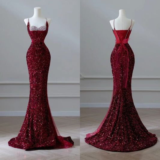 Sexy Mermaid Spaghetti Straps Sequin Burgundy Long Prom Dresses SD1515