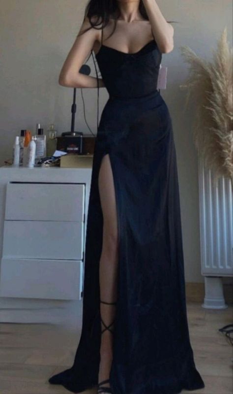 Sexy A Line Spaghetti Straps Black Satin Slit Party Dress Long Prom Dresses SD1516