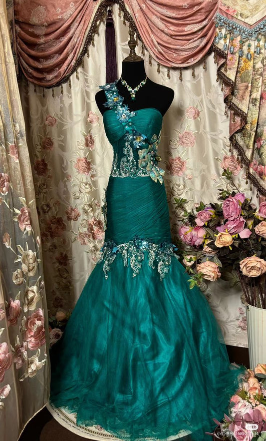 Retro Mermaid One Shoulder Tulle Green Long Party Dress Prom Dresses SD1518