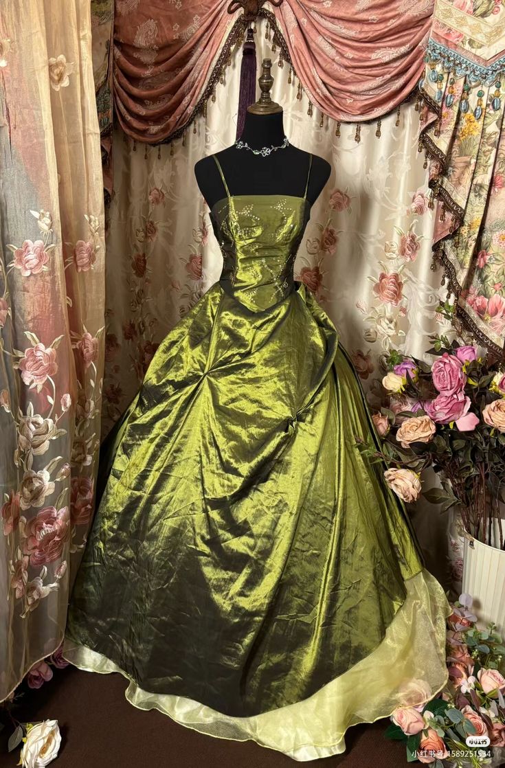 Retro Ball Gown Spaghetti Straps Satin Olive Green Long Party Dress Prom Dresses SD1519