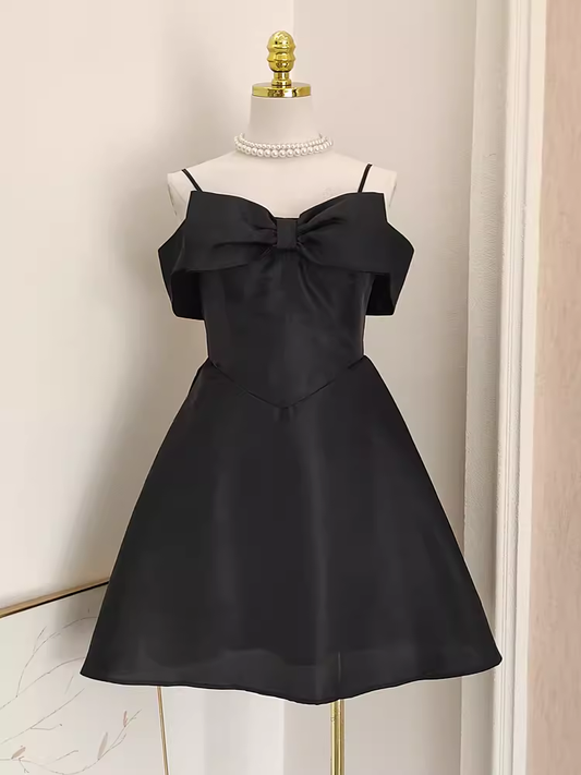 Cute A line Straps Black Travel Vacation Dresses Short Satin Birthday Dress SD151