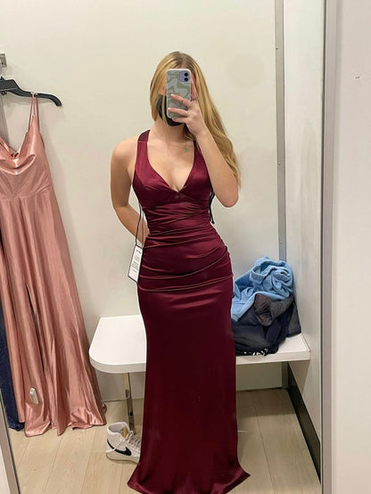 Sexy Sheath Halter V Neckline Burgundy Satin Slit Party Dress Long Prom Dresses SD1520