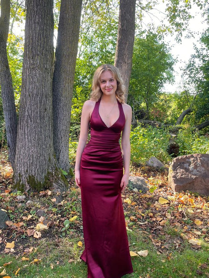 Sexy Sheath Halter V Neckline Burgundy Satin Slit Party Dress Long Prom Dresses SD1520